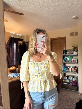 Sophie Rue Yellow Floral Puff-Sleeve Peplum Blouse